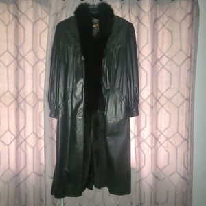 Vintage 80s Black Leather Fox Fur Long Coat with Removable Faux Fur Lined Vest M